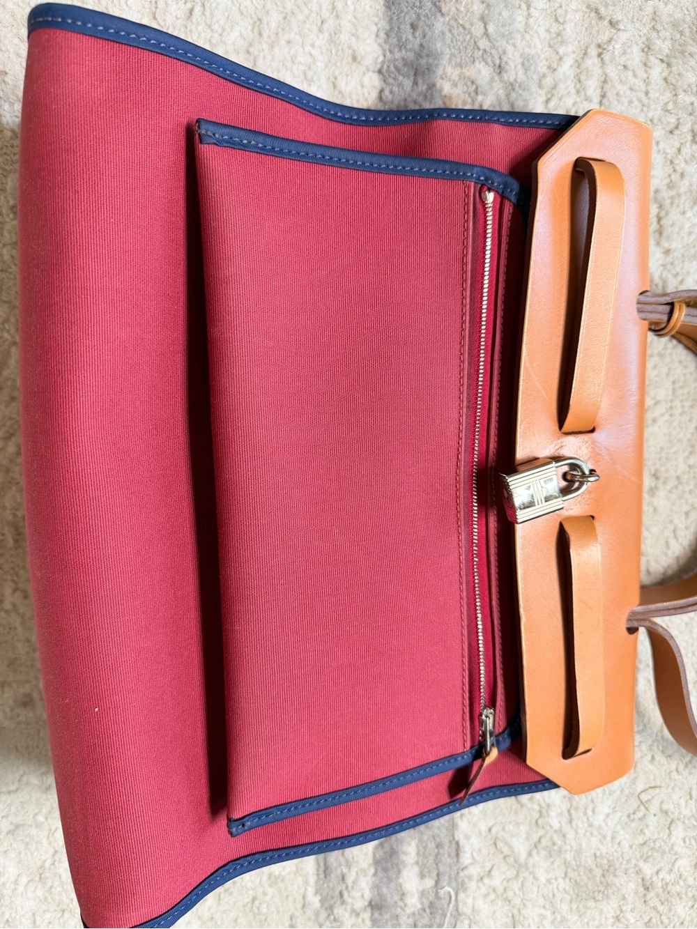 Hermes Red Canvas Tote with Tan Leather Accents and Navy Trim